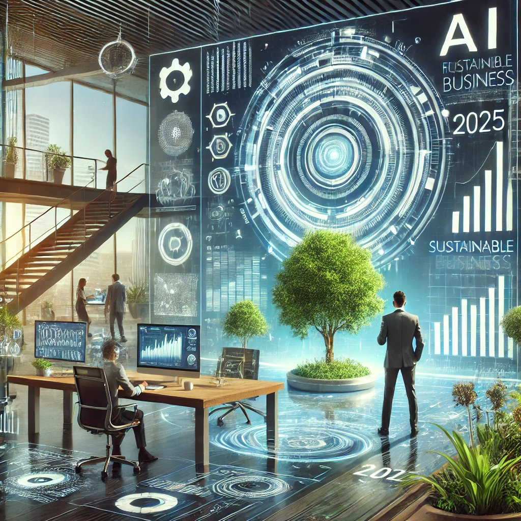 Futuristic business trends in 2025 featuring AI automation, sustainable technology, and digital entrepreneurship